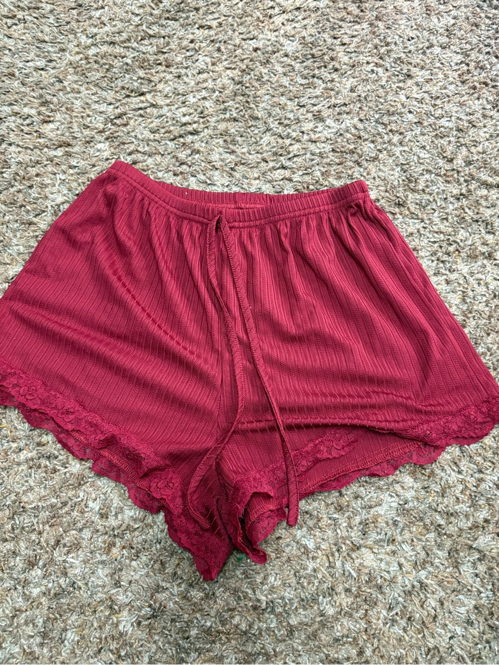 Ribbed Lace Trim Sleep Shorts in Burgundy